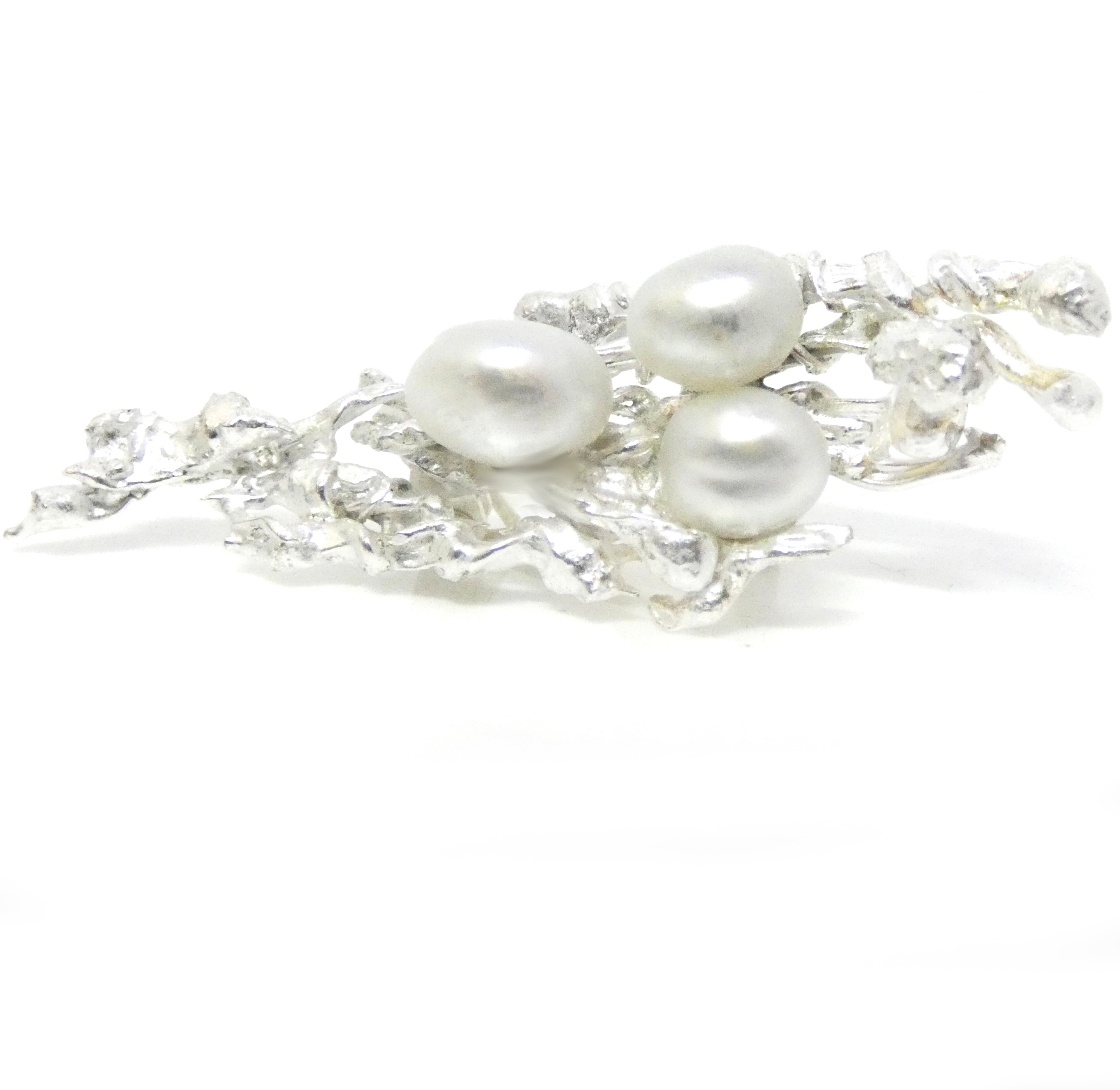 White Three South Sea Keishi Pearl on Freeform Silver Brooch